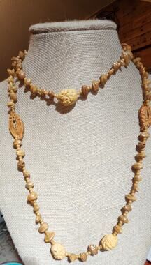 Vtg 60s- 70s Hand Carved Peach Pit & Seed Boho Statement Necklace 46”  #Folk Art
